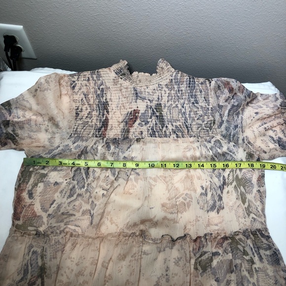 Olivaceous Snakeskin Print Long Sleeve Smoked Tiered Lined Swing Mini Dress M - Picture 13 of 16